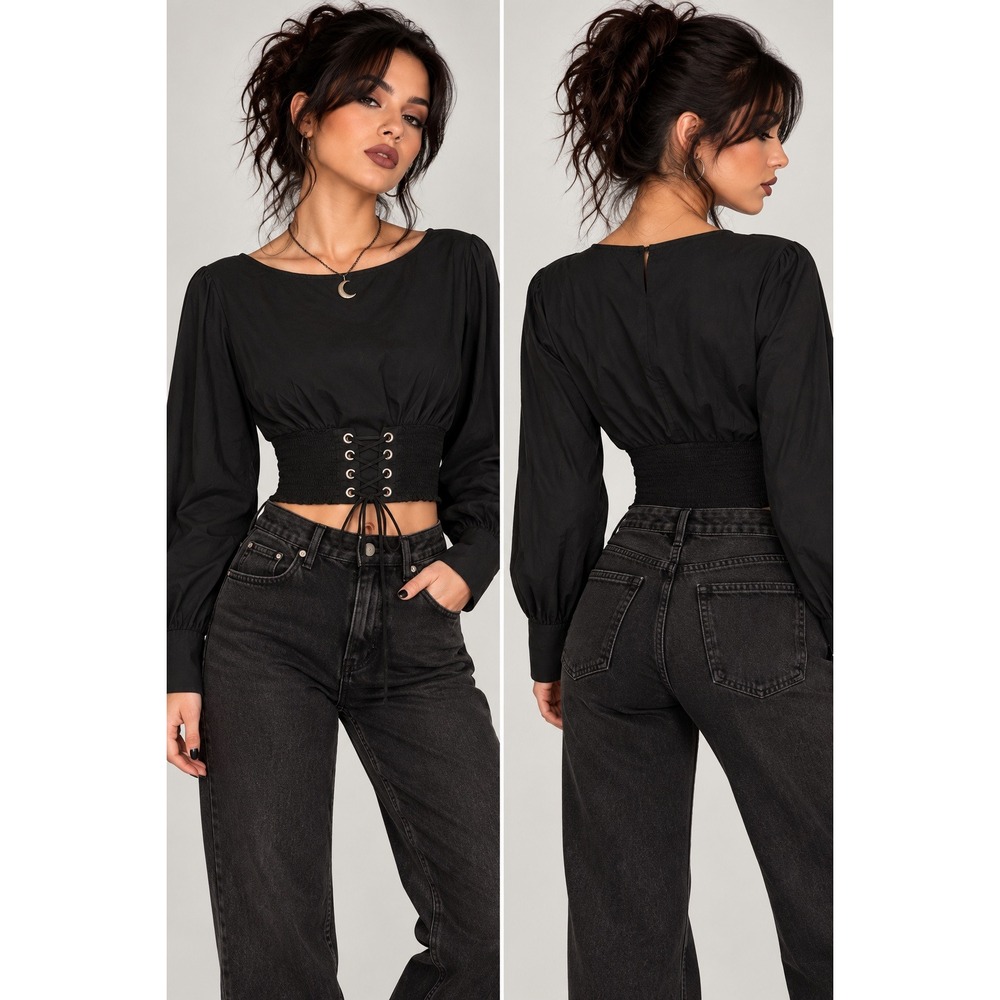 Goth Renaissance Piratecore Black Cotton Corset Waist Crop Top Large